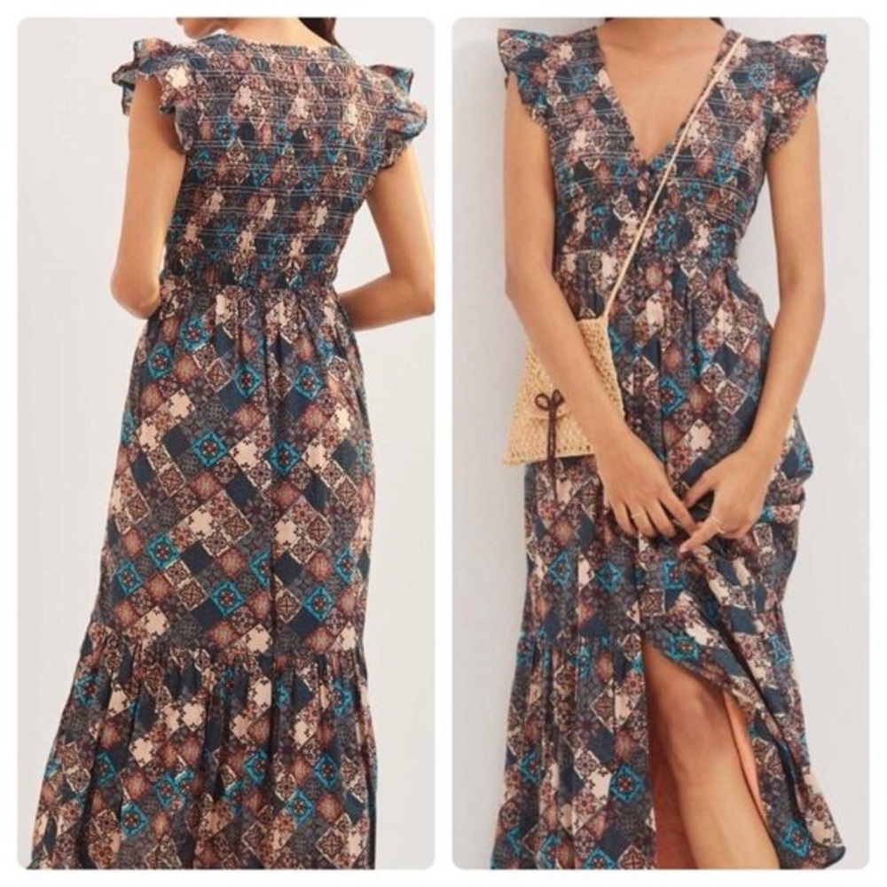 ANTHROPOLOGIE Peregrine Maxi Smocked Pockets Sleeveless Patchwork Dress Size S